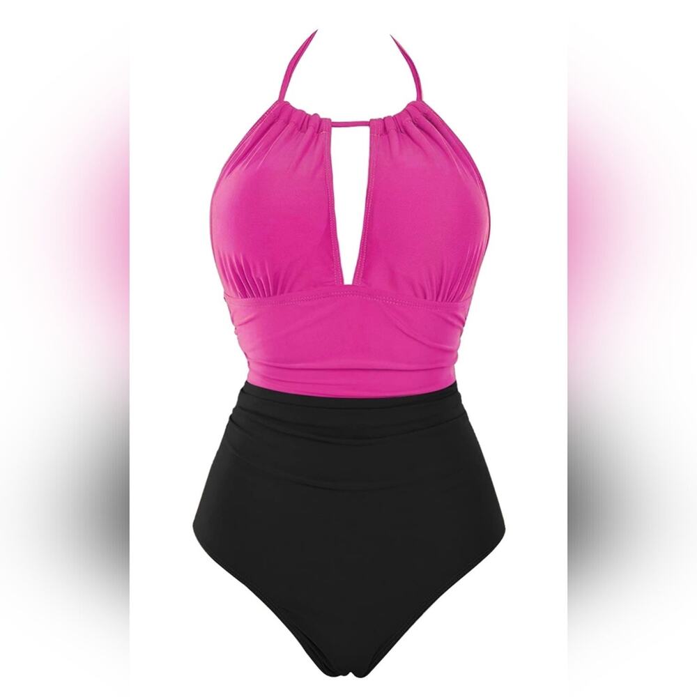 New Retro Style Halter‎ Swimsuit Pink Tummy Control 869 Big Busted Curvy Size L